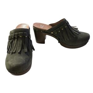 Dansko Deni Studded Fringe Clog Mule Olive Green Suede Size 38 (8 US)